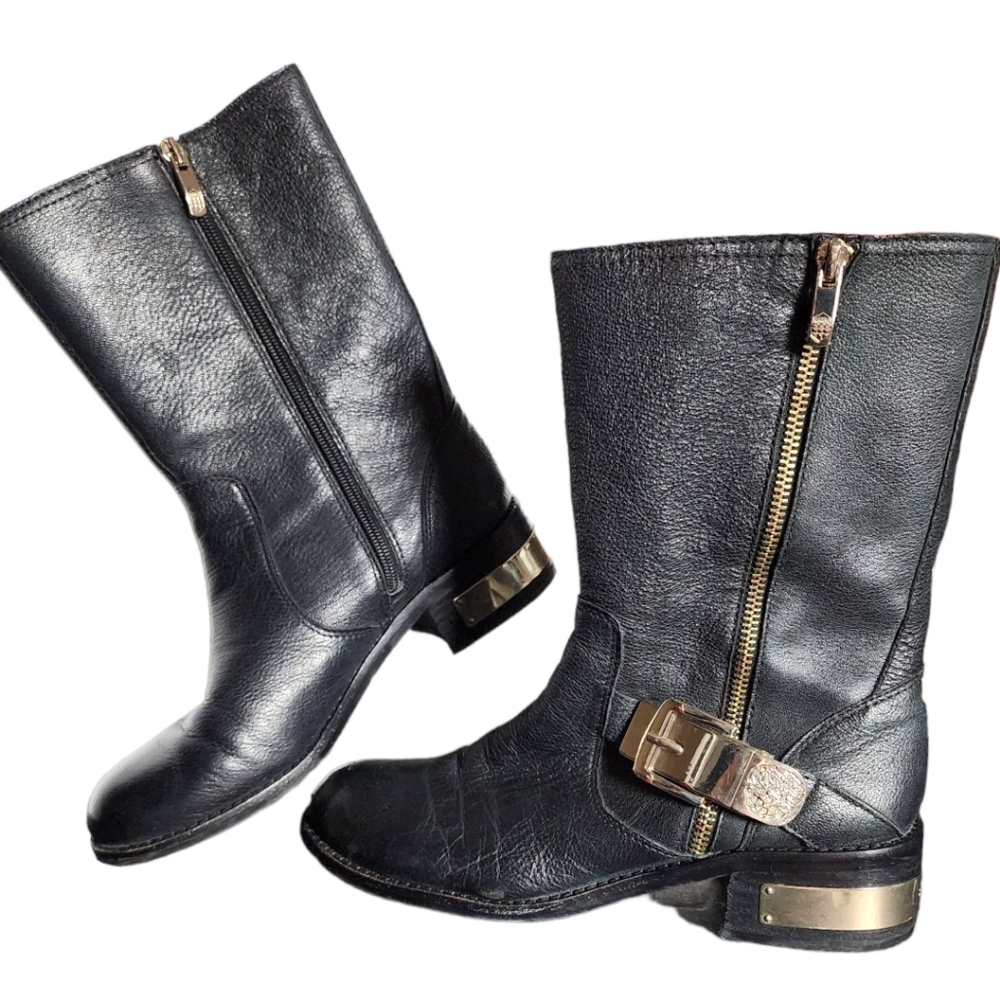VINCE CAMUTO Wex Black Leather Belted Boots